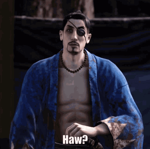 a shirtless man in a blue robe has the word haw written on his chest