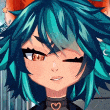 a close up of a cartoon character with blue hair and a heart shaped choker