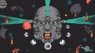 a drawing of a man 's face with a skull in his mouth