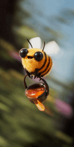 a cartoon bee is holding a bucket of honey in its mouth