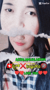 a girl with a fake mustache and the words assalamualaikum on the bottom