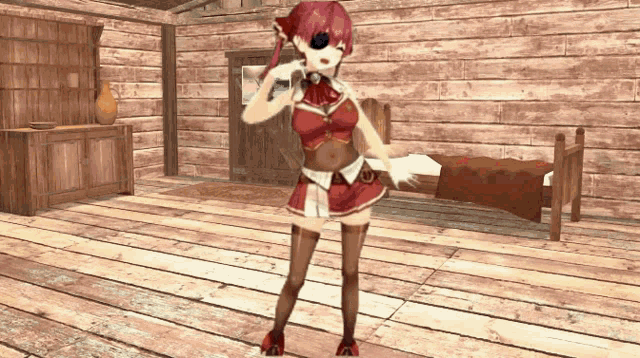 a girl in a red outfit is standing in a room with a bed