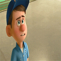 a cartoon character wearing a blue hat and a blue shirt is standing on a concrete floor .
