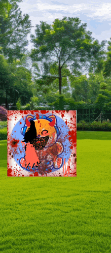 a painting of a teddy bear with a butterfly in its mouth is in the middle of a grassy field