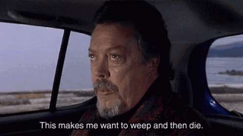 a man in a car with the words " this makes me want to weep and then die " above him