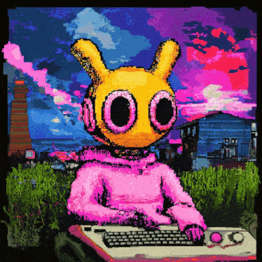 a pixel art of a rabbit with headphones on