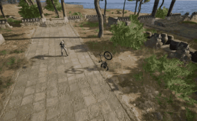 a video game scene with soldiers walking down a path
