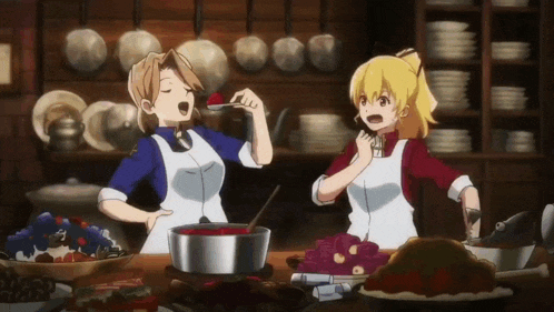 two anime girls are standing at a table eating food from a pot .