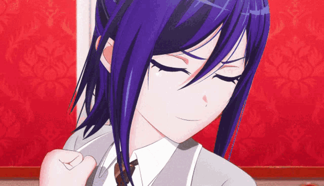a girl with purple hair is wearing a suit and tie with her eyes closed