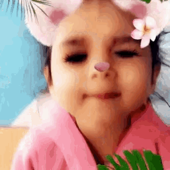 a little girl wearing a pink shirt and a flower in her hair is making a face .
