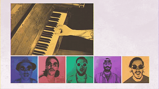 a man is playing a piano in a colorful collage