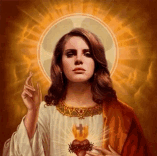 a painting of a woman dressed as jesus holding a burning heart