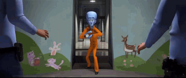 a cartoon character in an orange jumpsuit is standing in a doorway with two police officers