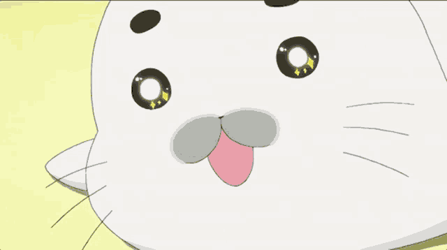 a close up of a cartoon seal with a pink tongue