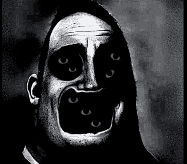 a black and white drawing of a man 's face with eyes coming out of his mouth .