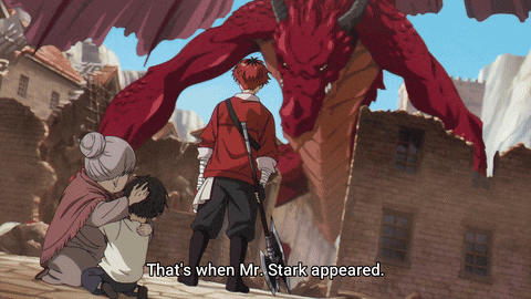 a group of people standing in front of a red dragon with the words that 's when mr stark appeared