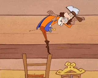 a cartoon of a man standing on a chair with a sword