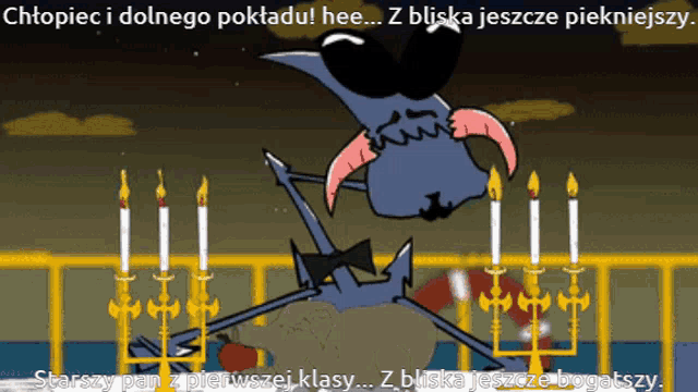 a cartoon of a monster with candles and the words chłopiec i dolnego pokładu hee
