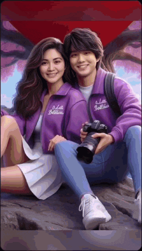 a man is holding a camera and a woman is sitting next to him .