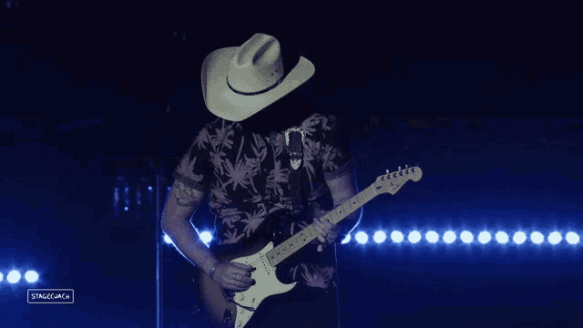 a man in a cowboy hat is playing an electric guitar on stage