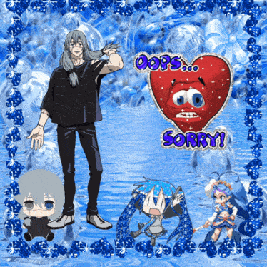 a blue background with a red heart that says sorry on it