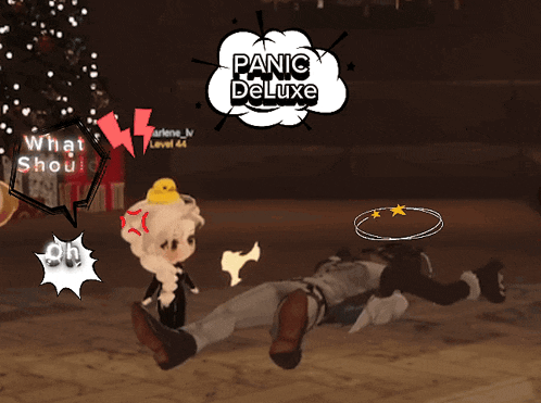 a video game called panic deluxe has a cartoon character laying on the floor