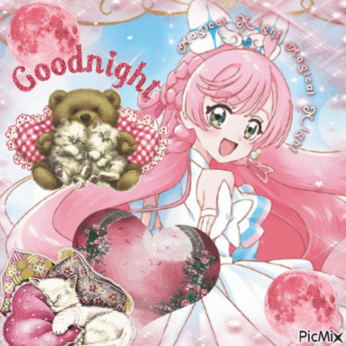 a picture of a girl and a teddy bear with the words goodnight written on it