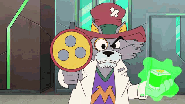 a cartoon cat holding a magnifying glass and a green object