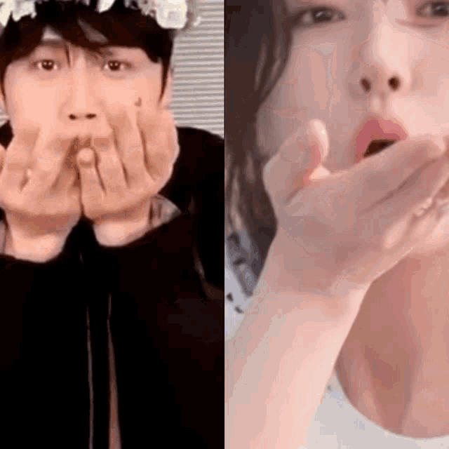 a man with a flower crown on his head is blowing a kiss and a woman is blowing a kiss .