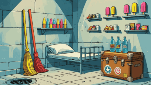 a cartoon illustration of a room with a trunk and a bed