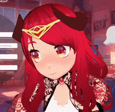 a girl with red hair has a crown on her head and a speech bubble that says rjwbr2xgwl
