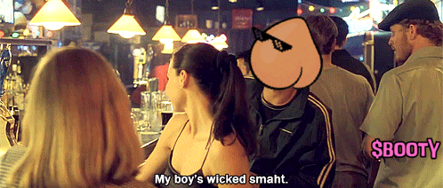 a group of people sitting at a bar with one saying my boy 's wicked smaht