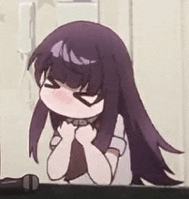 a cartoon girl with long purple hair is sitting in front of a microphone with her eyes closed .