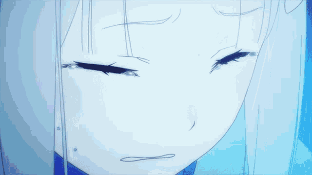 a close up of a girl with blue hair and purple eyes
