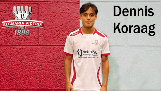 a man in a red and white jersey with the name dennis koraag