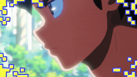 a close up of a person 's face with a yellow and blue background