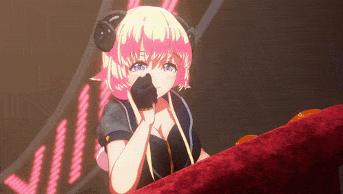 a girl with pink hair and horns covering her face with her hand