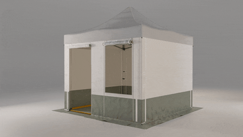 a white tent with a gray side and a door