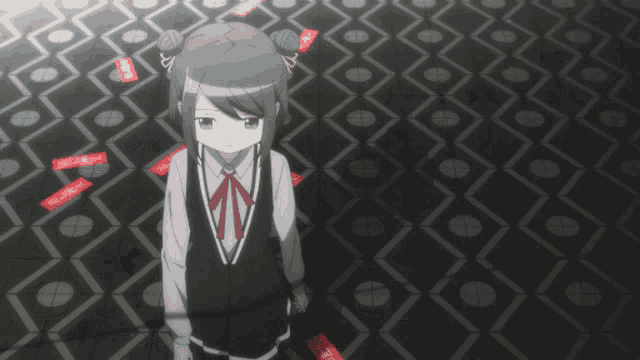 a girl in a school uniform is standing in front of a black and white pattern