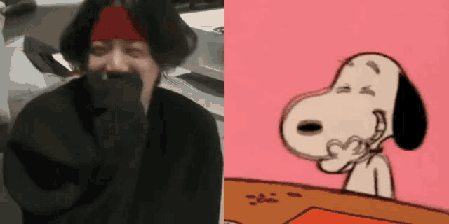 a picture of snoopy next to a picture of a person covering their face