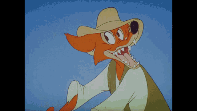 a cartoon fox is wearing a cowboy hat