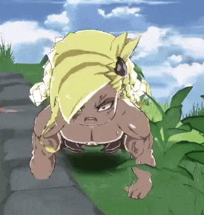 a cartoon character with blonde hair is crawling through the grass
