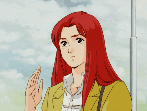 a cartoon of a woman with red hair and a yellow jacket