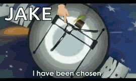 a cartoon of a person pointing at a target with the words " jake i have been chosen " on the bottom