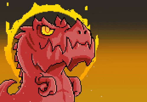 a pixel art illustration of a red dragon with yellow eyes
