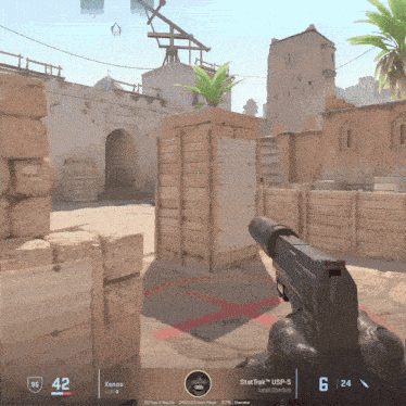 a person holding a gun in a video game that says stat trak usp-s on it