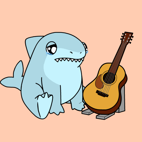 a cartoon shark is sitting next to a guitar on a stand