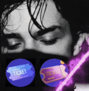 a close up of a man 's face with a ticket in the background