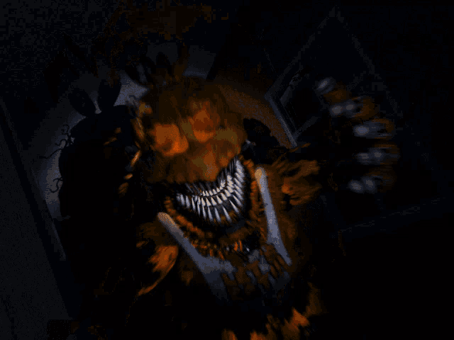 a dark room with a pumpkin with a glowing mouth