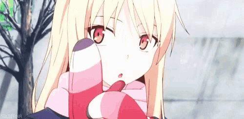a girl with blonde hair and red eyes is wearing a pink scarf around her neck and looking at the camera .